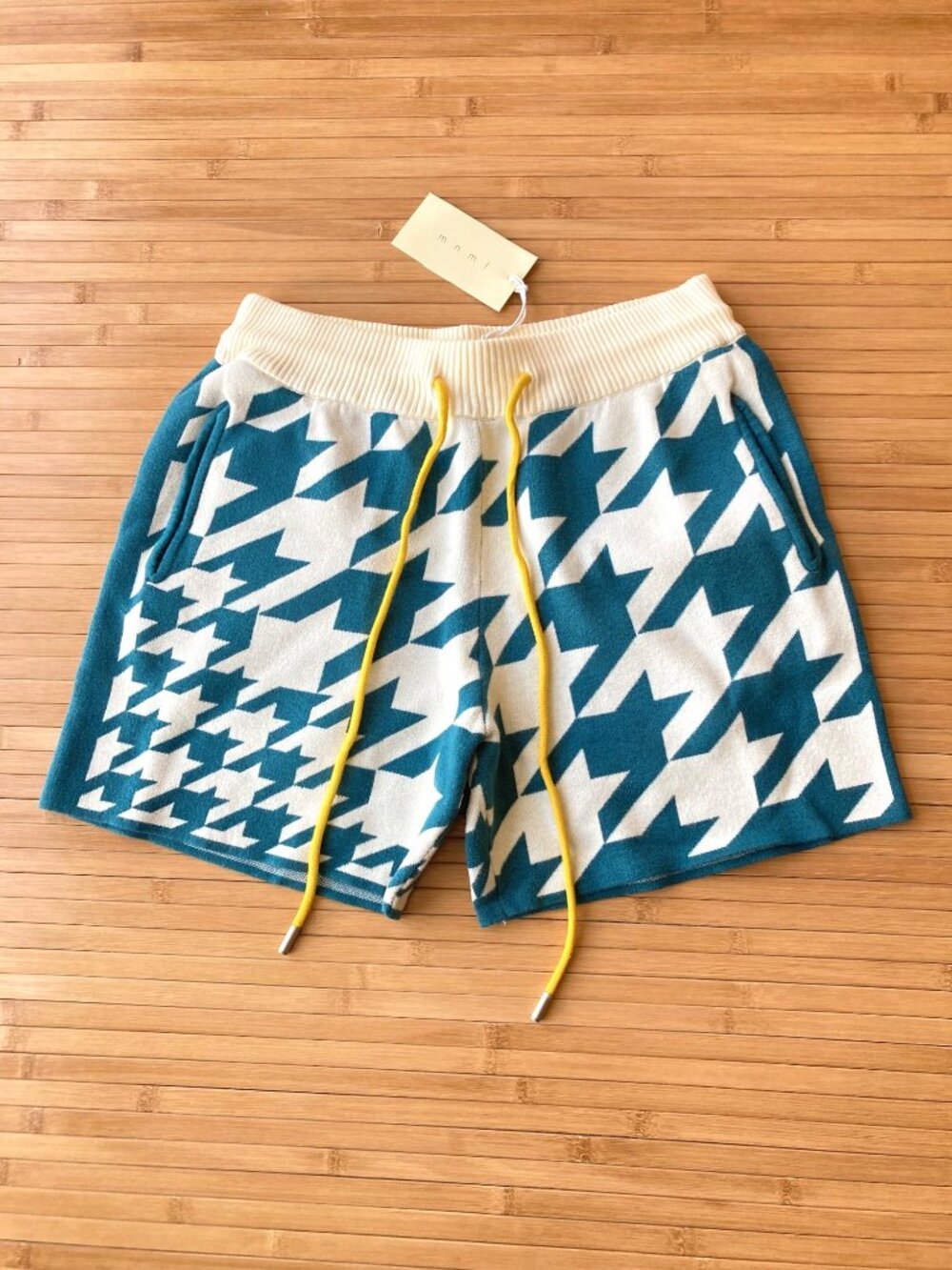 Mnml Houndstooth Sweater Knit Shorts Drawstring Mens Small S Teal Blue NWT